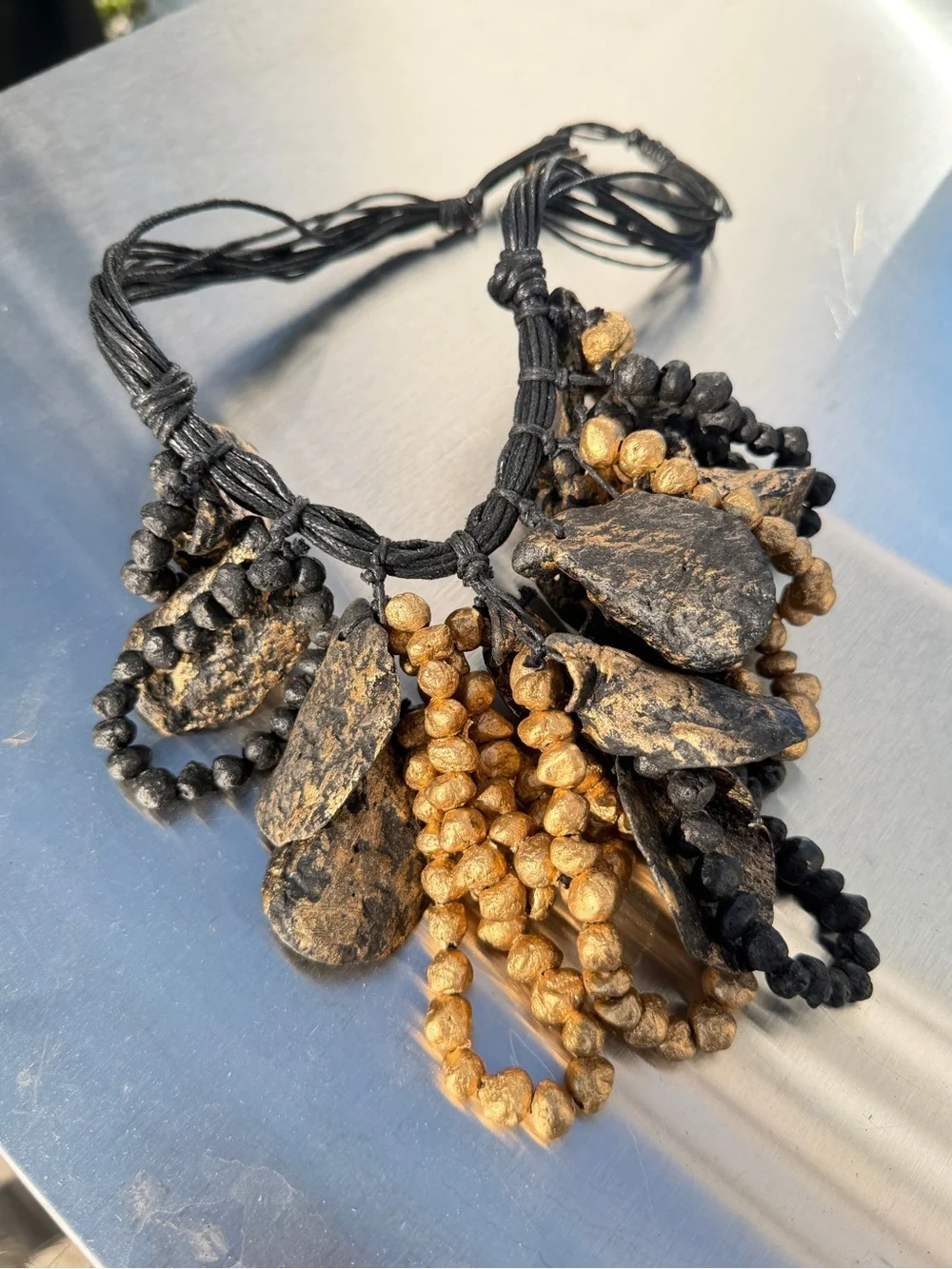 22” gold and black painted wood and cord wild statement necklace!